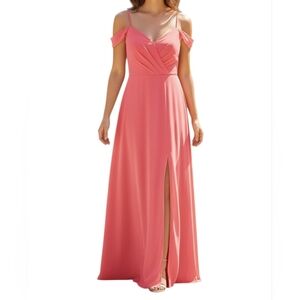 Faeriesty Elegant Coral Pink Off-Shoulder Maxi Dress, Size 10